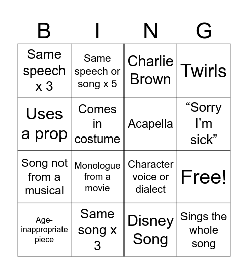 Audition Bingo Card