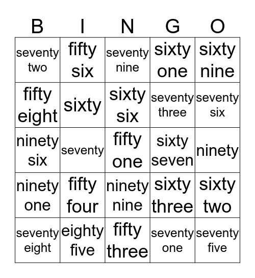 Fifty to One Hundred Bingo Card
