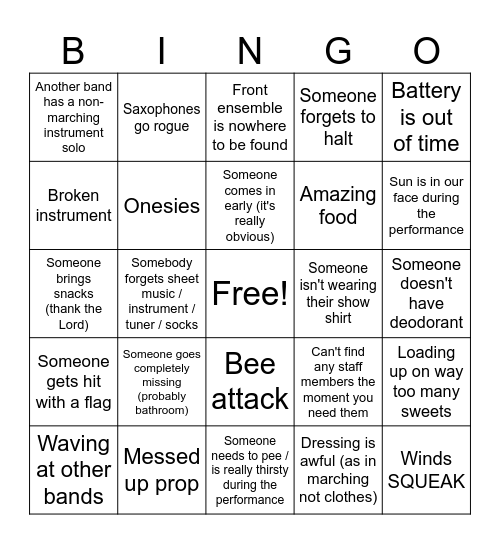 Marching Competition Bingo Card