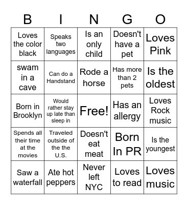 Get to know You Bingo Card