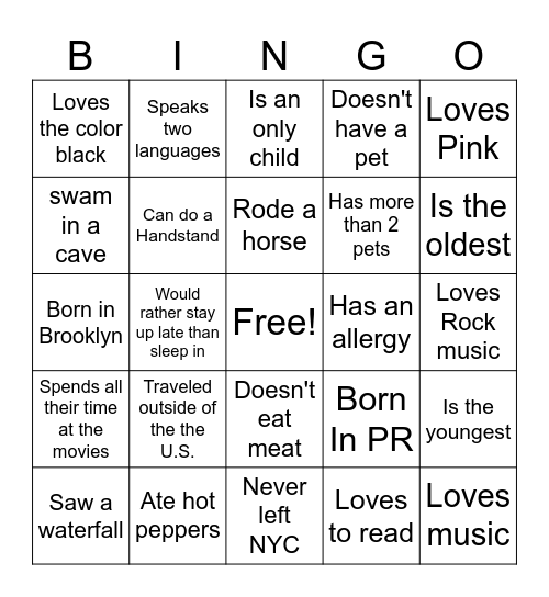Get to know You Bingo Card