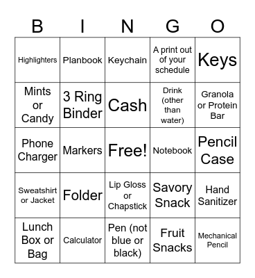 TBT: What's in Your Backpack? Bingo Card