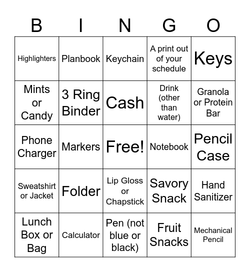 TBT: What's in Your Backpack? Bingo Card