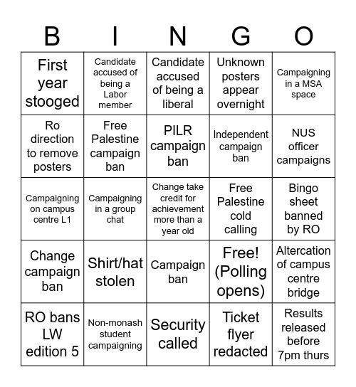2026 MSA Elections Bingo Card