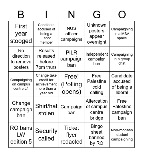 2026 MSA Elections Bingo Card