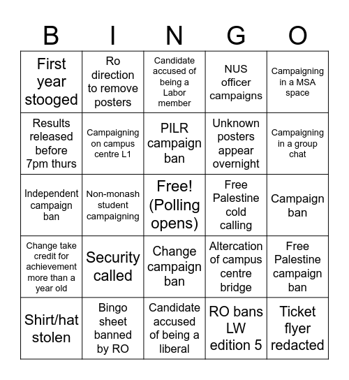 2026 MSA Elections Bingo Card