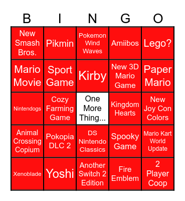 Nintendo Direct Bingo Card