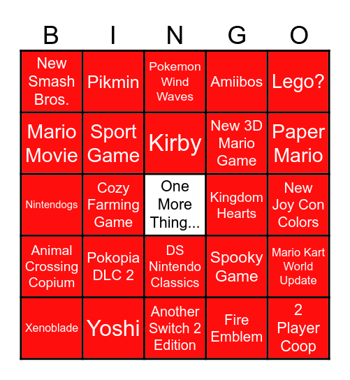 Nintendo Direct Bingo Card