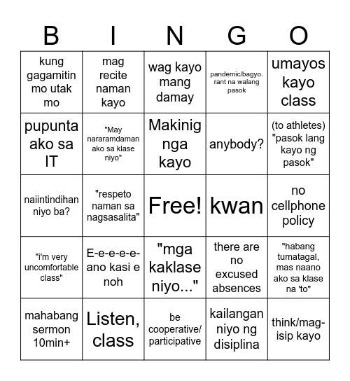 Mga Sinasabi Ni Sir Bingo Card