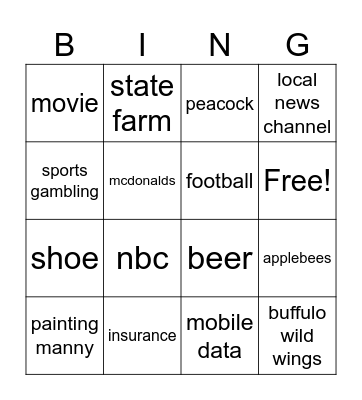 American Football Ads Bingo Card