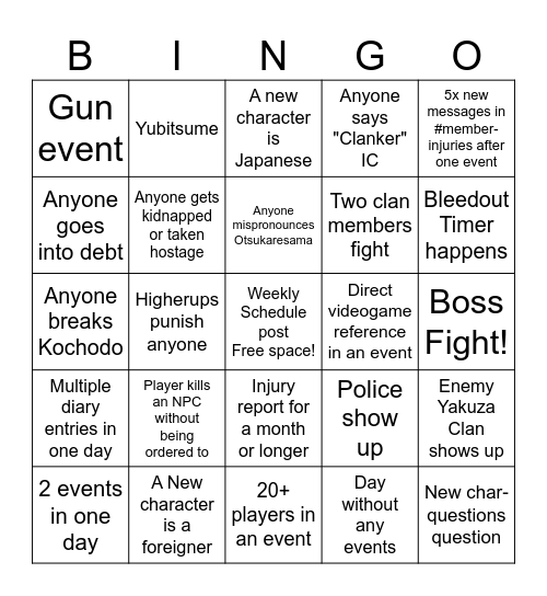 Weekly Kocho Bingo Card Bingo Card