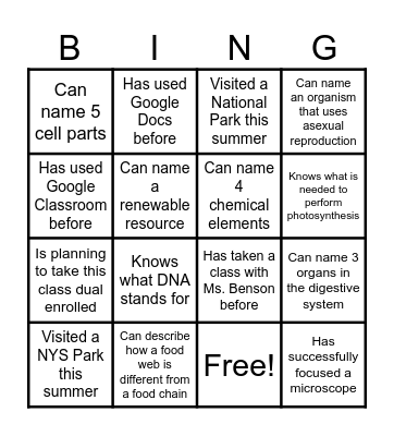 Bio Get to Know You Bingo Card