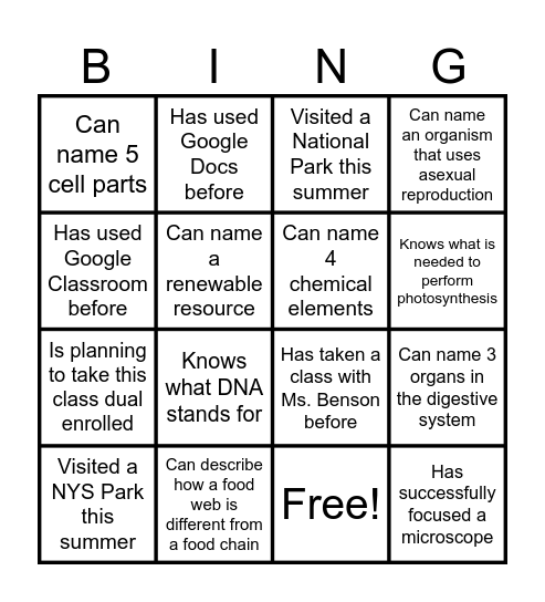 Bio Get to Know You Bingo Card