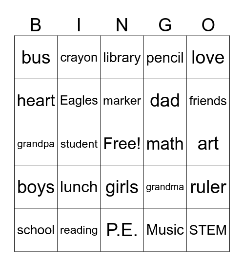 FPS Grandparents/VIP Day Bingo Card