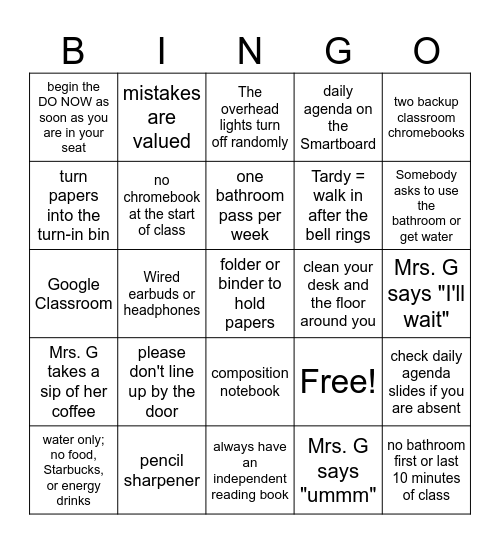 Classroom Expectations BINGO Card