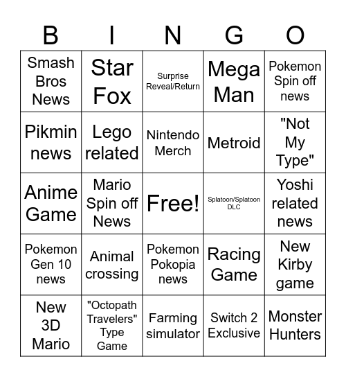 Nintendo Direct Bingo Card