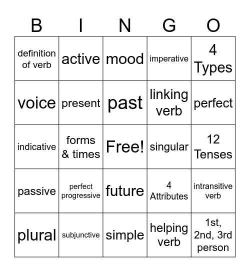 VERBS! Bingo Card