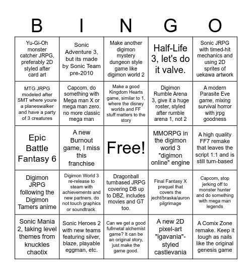 Alex's Ultimate Video Game Dreamlist Bingo Card