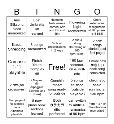 Guitar Bingo Card
