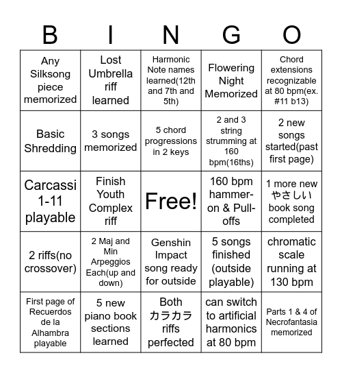 Guitar Bingo Card