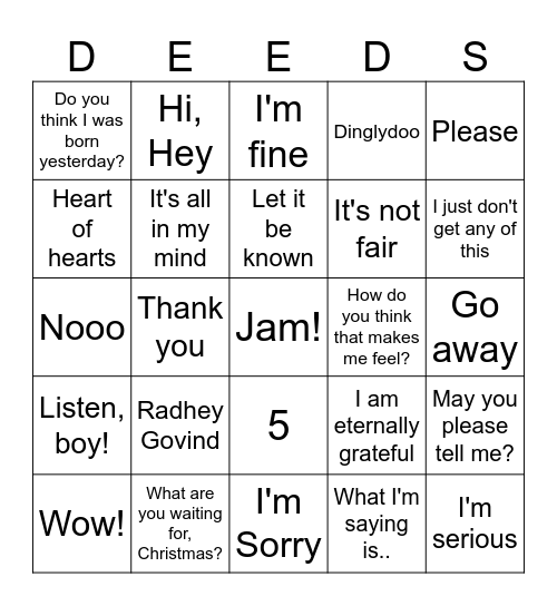 Deed's Bingo Card