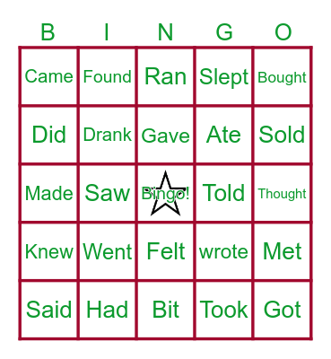 Irregular Past Tense Bingo Card