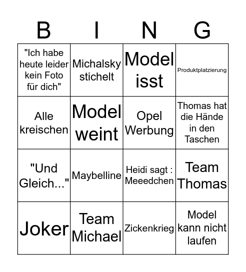 Topmodel Bingo  Bingo Card