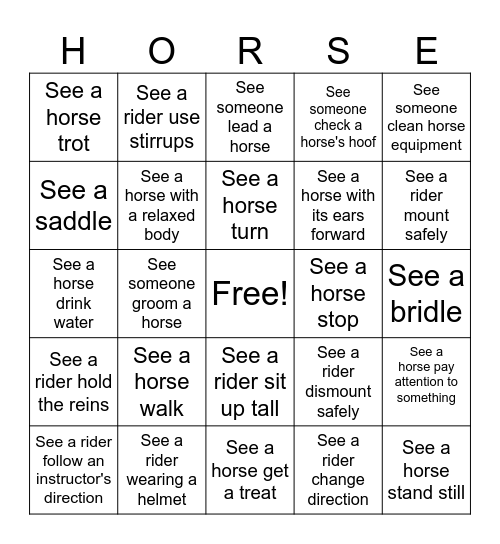 Horseback Riding BINGO Card