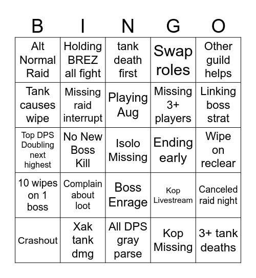 DSK Raid Night Bingo Card