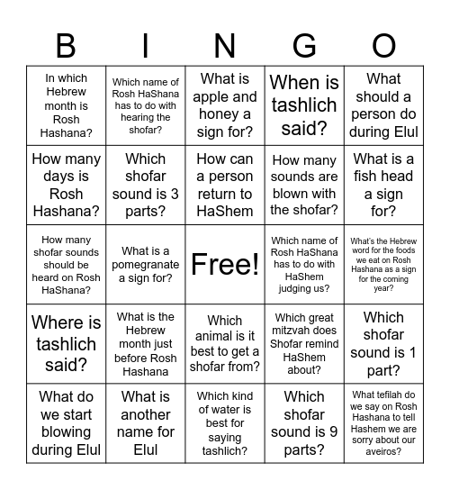 Rosh Hashana - questions Bingo Card