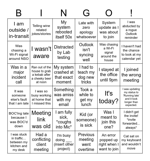Excuses for being late Bingo Card