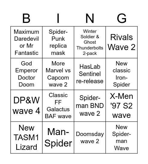Marvel Legends fanstream wishlist Bingo Card