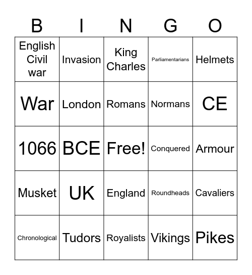 English civil war intro and historical time periods Bingo Card