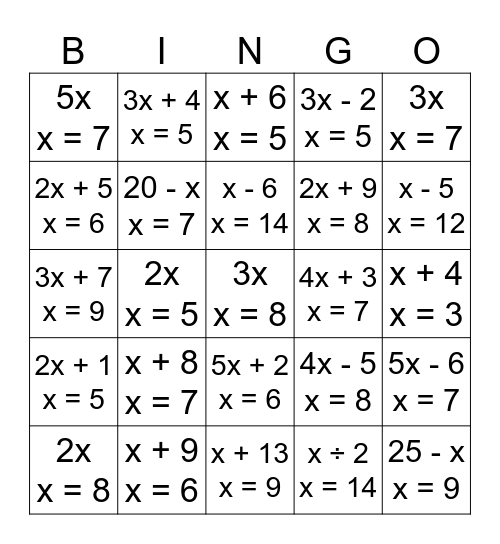 Substitution Bingo Card