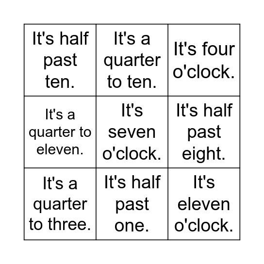 What time is it? Bingo Card