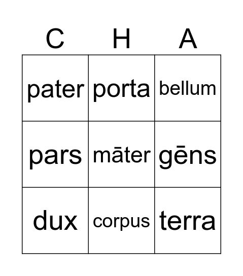 Latin review CC Challenge A Week 8 Bingo Card