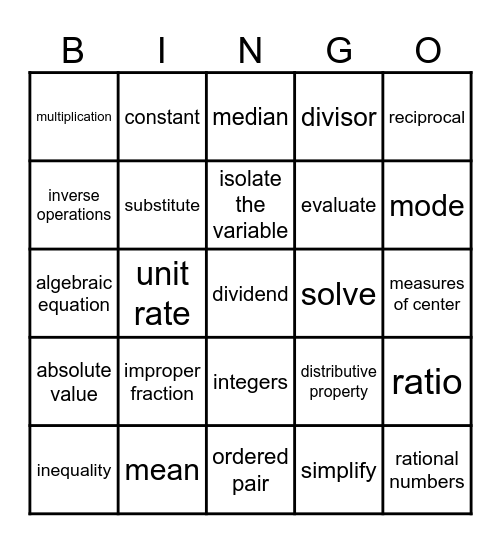 Math Vocabulary BINGO Card
