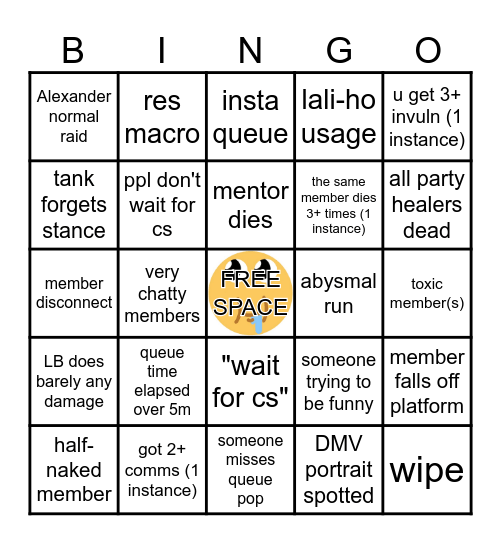 FFXIV Daily Roulette Bingo Card