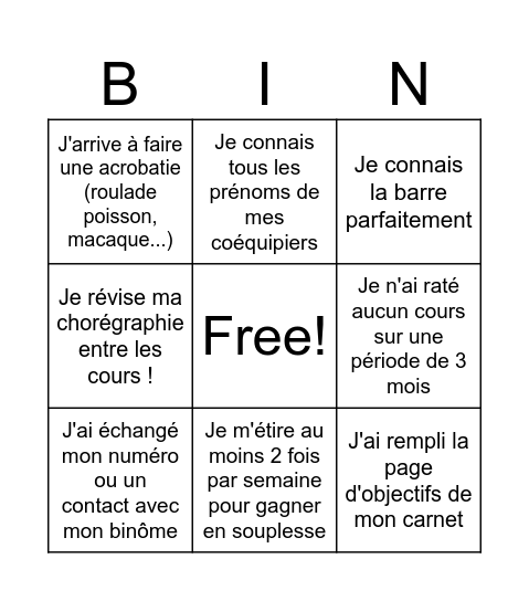 Team competition danse Bingo Card