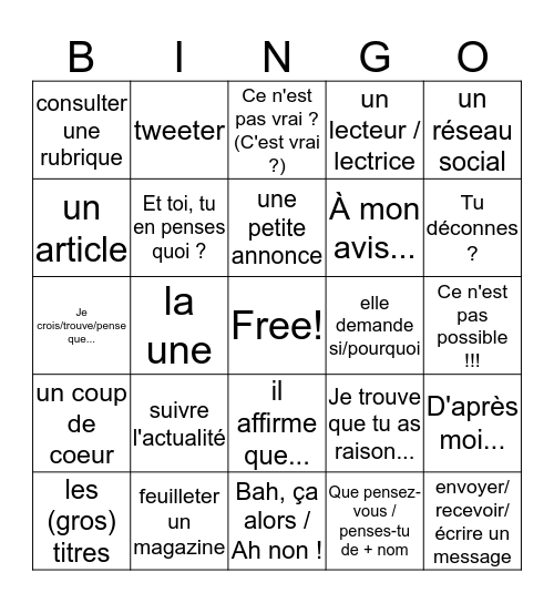 Quizz - Unité 3 Bingo Card