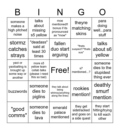 yellow team s5 reunion bingo Card