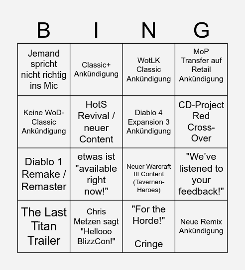 BlizzCon 2026 Bingo Card