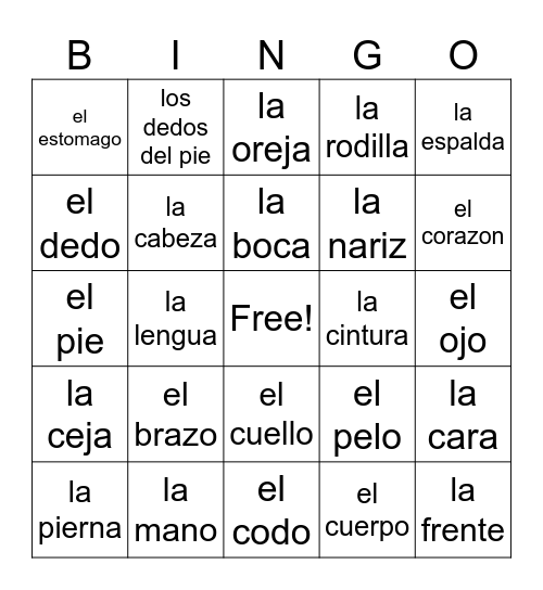 BODY PARTS- EL CUERPO Bingo Card
