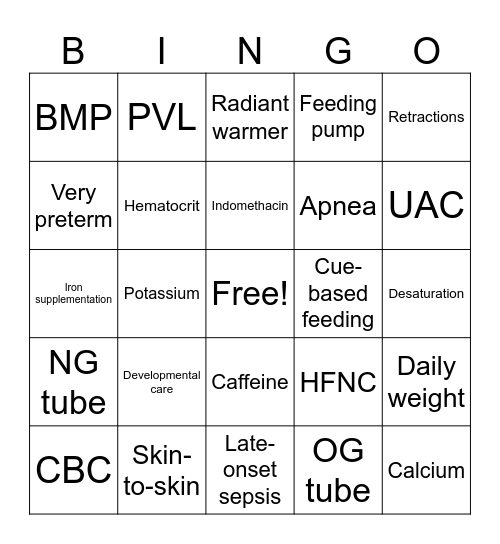 NICU Bingo Card