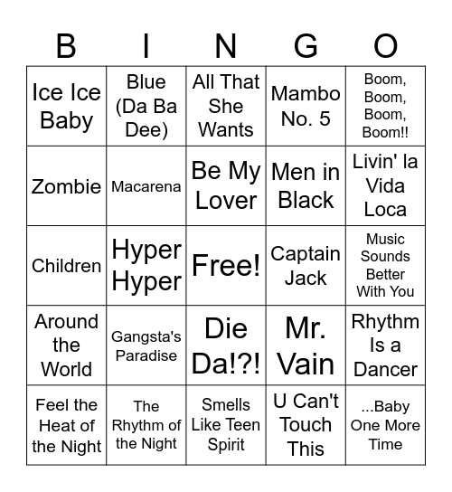 90's Hits Bingo Card