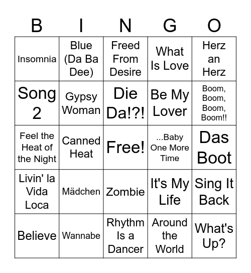 90's Hits Bingo Card