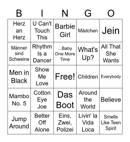 90's Hits Bingo Card