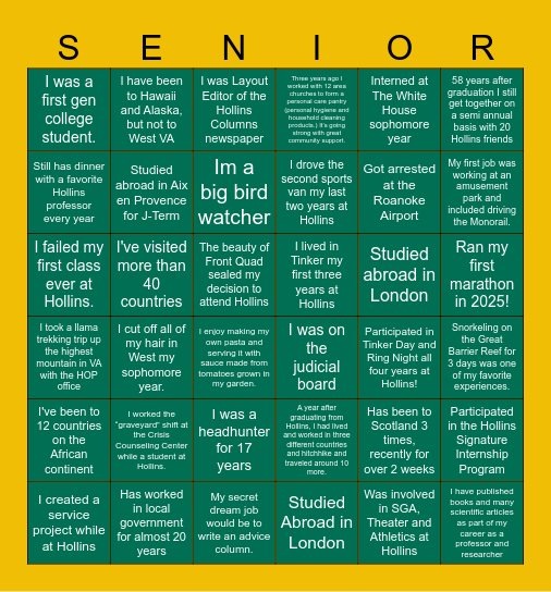 S'more's for Seniors Bingo Card