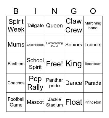 Homecoming Bingo Card