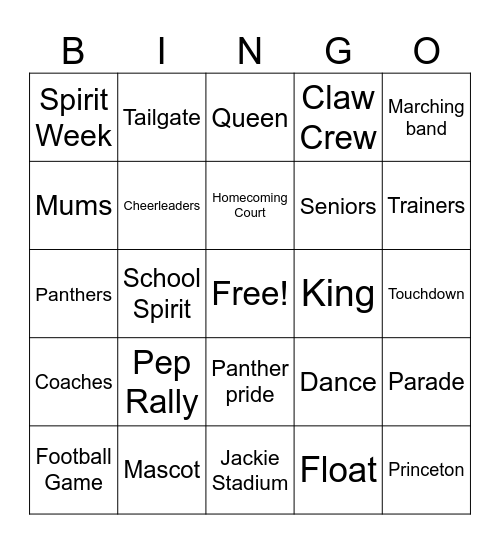 Homecoming Bingo Card